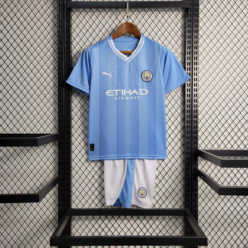 Conjunto Infantil Manchester City l 2023/24 Azul - Modelo Torcedor