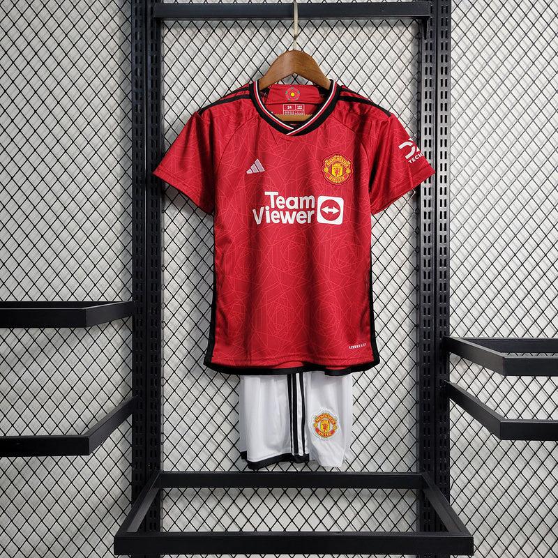 Conjunto Infantil Manchester United l 2023/24 Vermelho - Modelo Torcedor